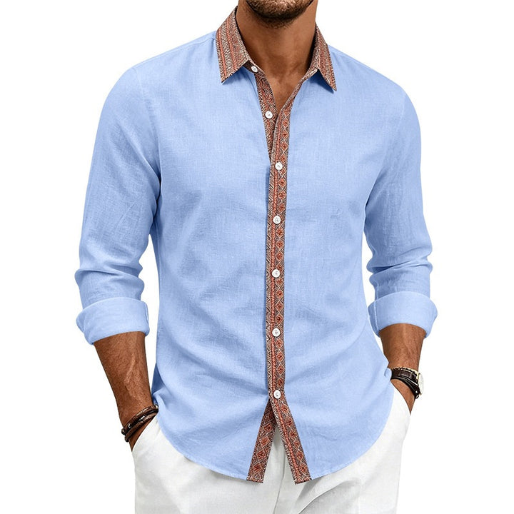 Men's Long Sleeve Linen Shirt with Contrast Trim at Collar and Button Placket Mune Fashion