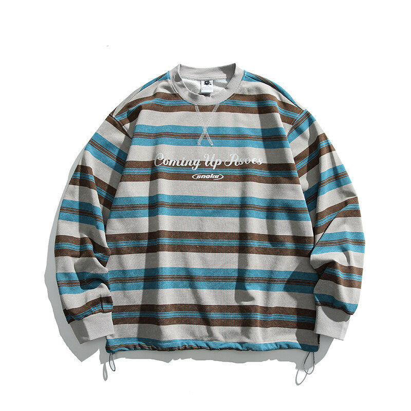 Men's Oversized Striped Sweatshirt with Drawstring Hem and Round Neck Mune Fashion