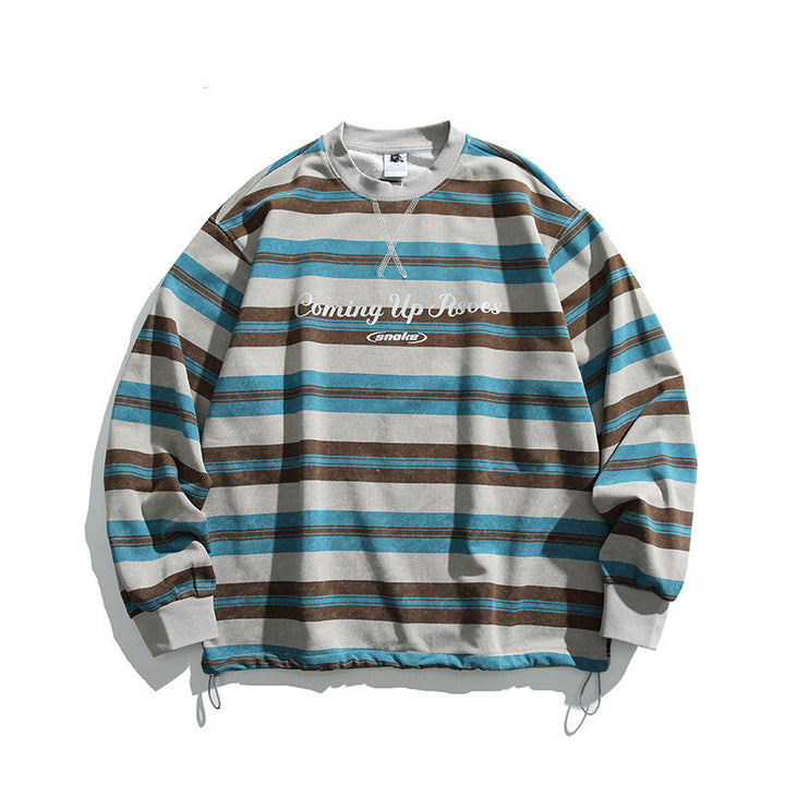 Men's Oversized Striped Sweatshirt with Drawstring Hem and Round Neck Mune Fashion
