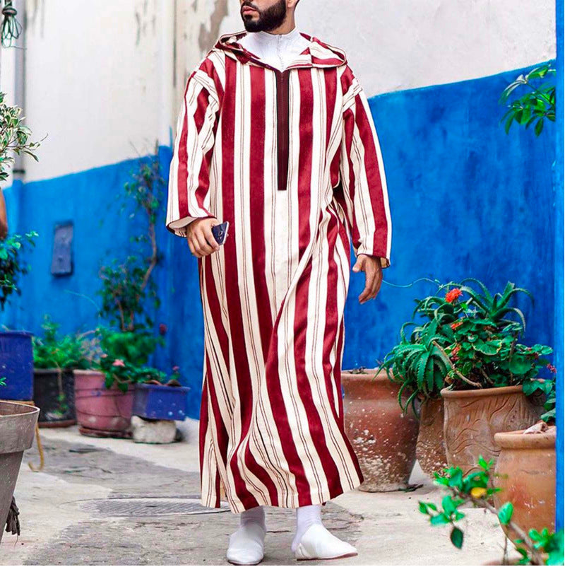 Ladies long hooded shirt dress with front zipper and vertical stripe pattern Mune Fashion