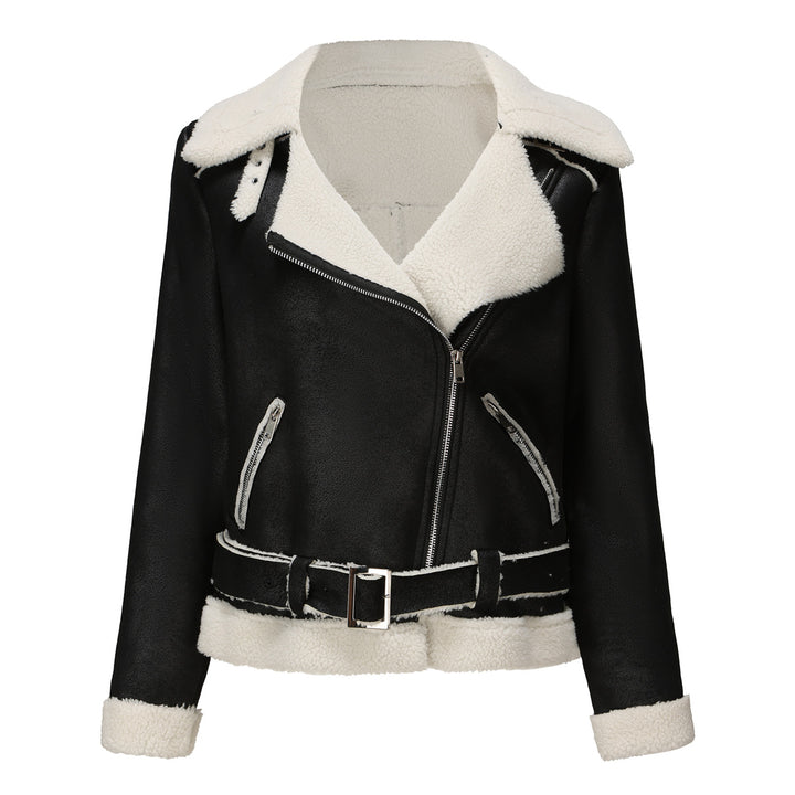 Women’s tailored lambskin imitation pilot jacket with belt and teddy lining Mune Fashion