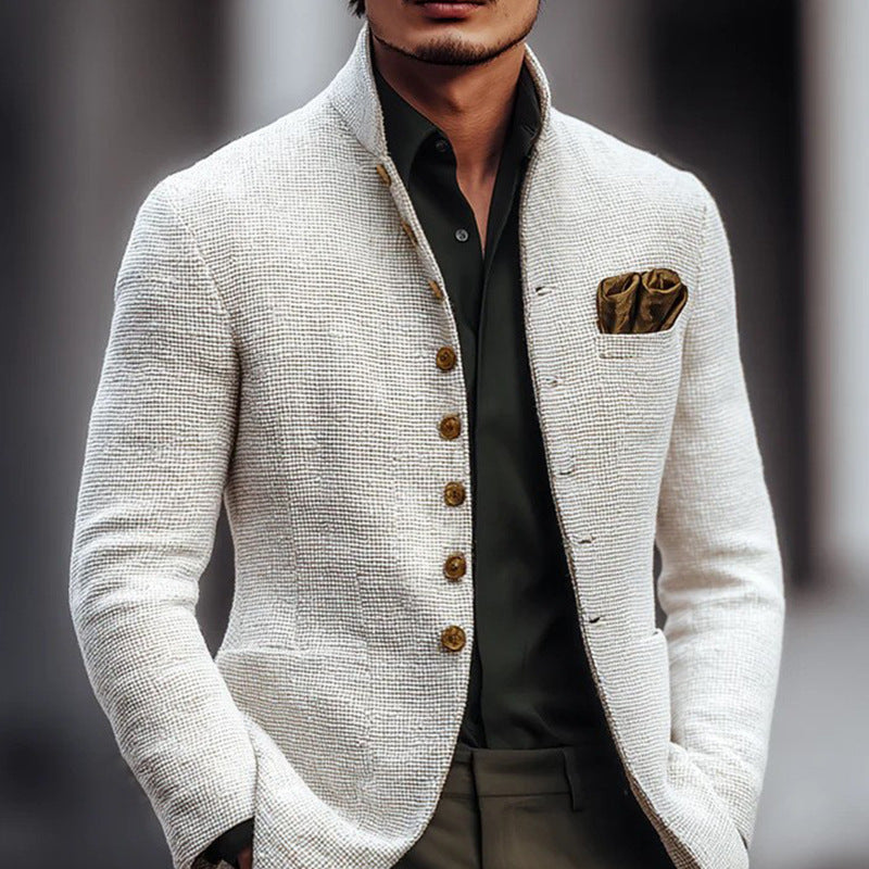 Men's Structured Linen Blazer with Stand Collar and Decorative Button Row Mune Fashion