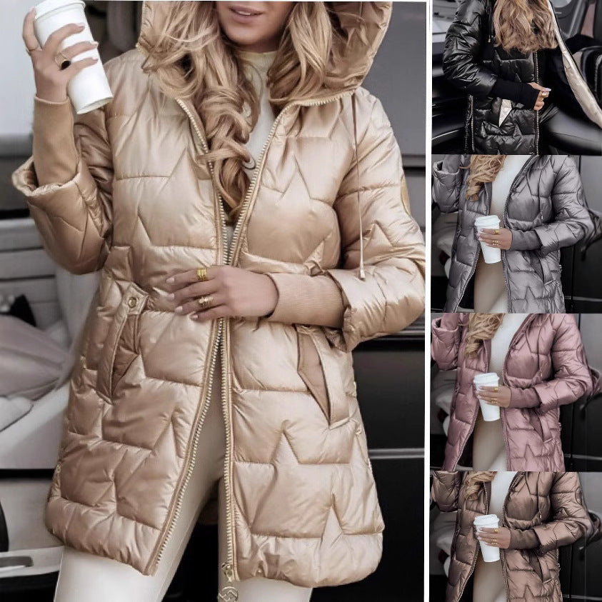 Women’s Quilted Coat Mid-Length with Hood, Padded Thermo Filling and Tailored Silhouette Mune Fashion