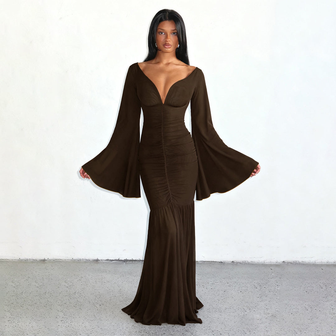 Women’s gathered maxi dress with V-neck, trumpet sleeves, and tiered ruffle Mune Fashion
