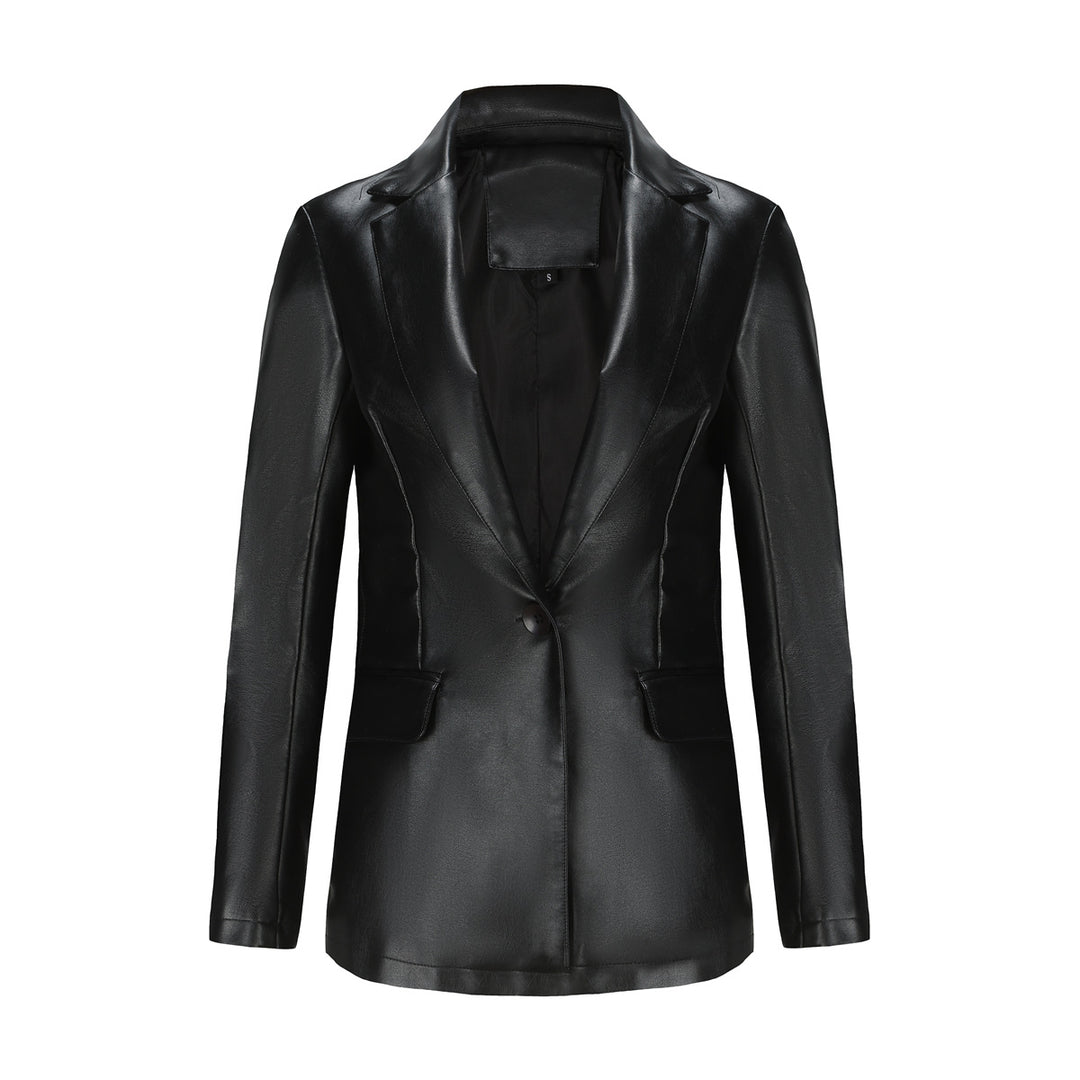 Women's fitted blazer made of faux leather with notch collar and flap pockets Mune Fashion