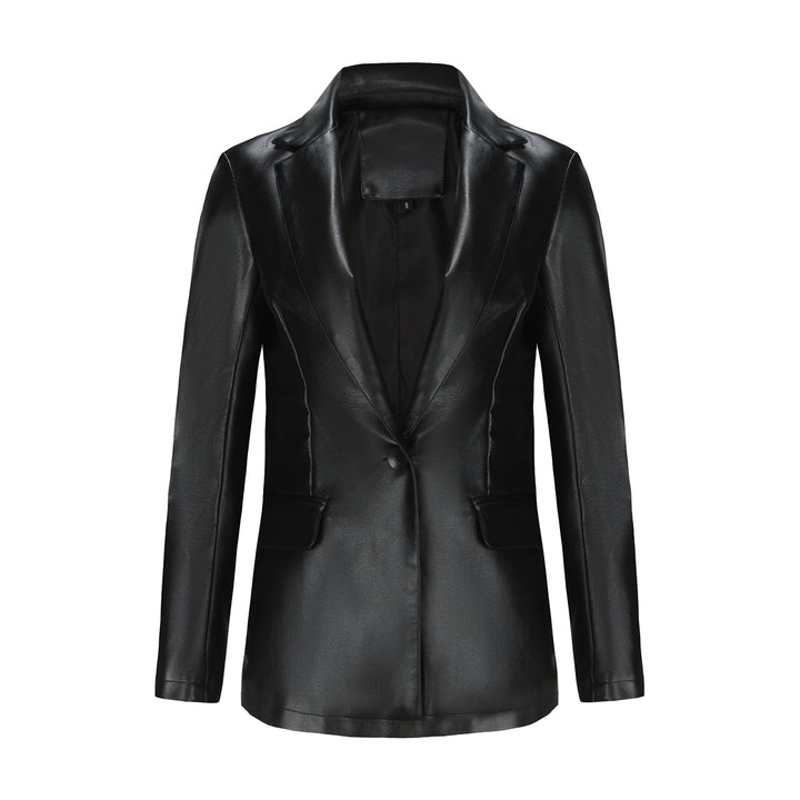 Women's fitted blazer made of faux leather with notch collar and flap pockets Mune Fashion