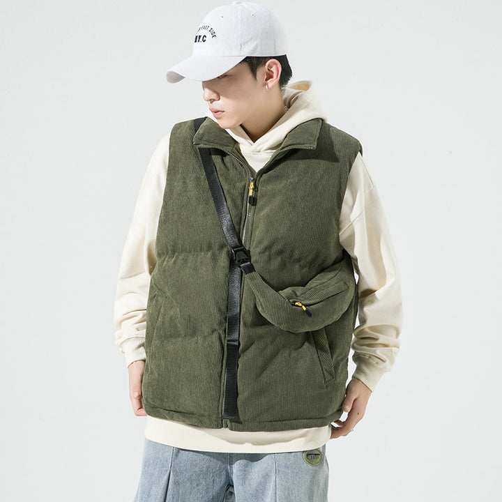 Men's Padded Fine Cord Quilted Vest with High Stand-Up Collar and Integrated Crossbody Fanny Pack Mune Fashion