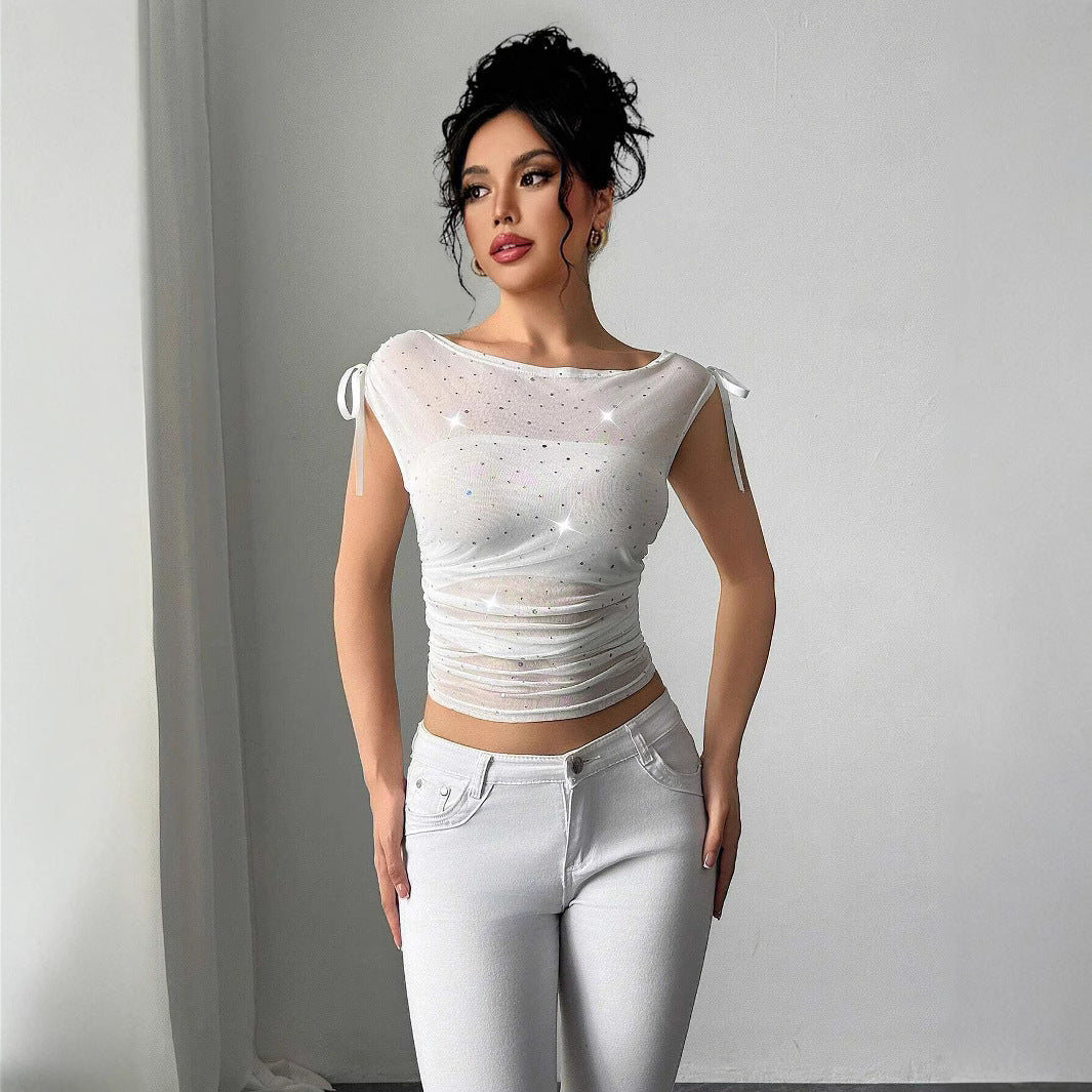 Women's transparent net top with sparkling glitter stones, shoulder knot and waist gathering Mune Fashion