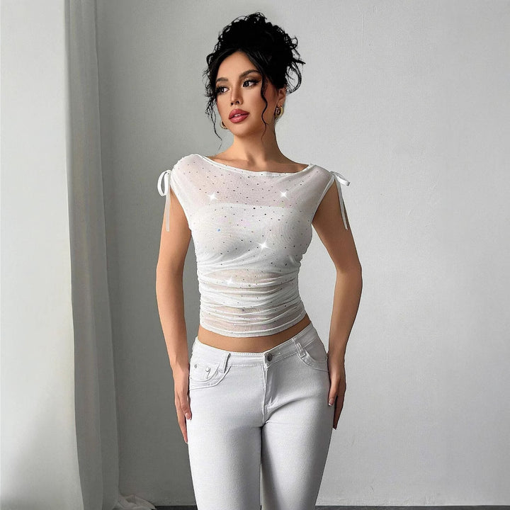 Women's transparent net top with sparkling glitter stones, shoulder knot and waist gathering Mune Fashion