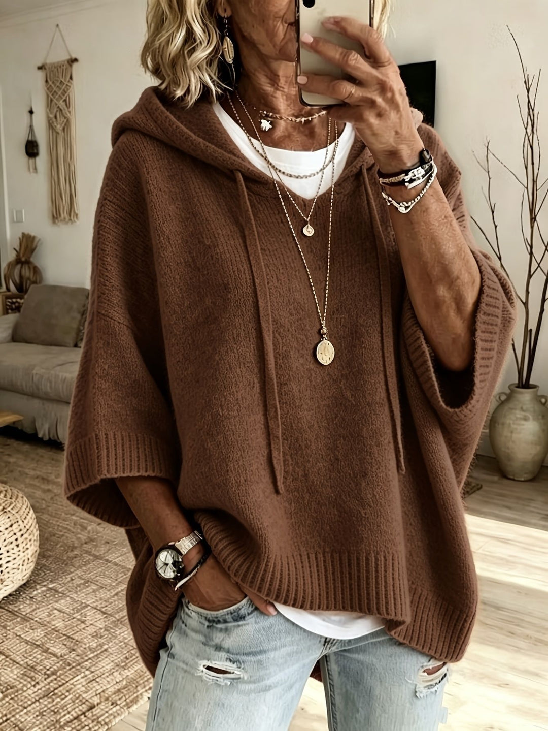 Women's oversized knit poncho with hood and short sleeves Mune Fashion