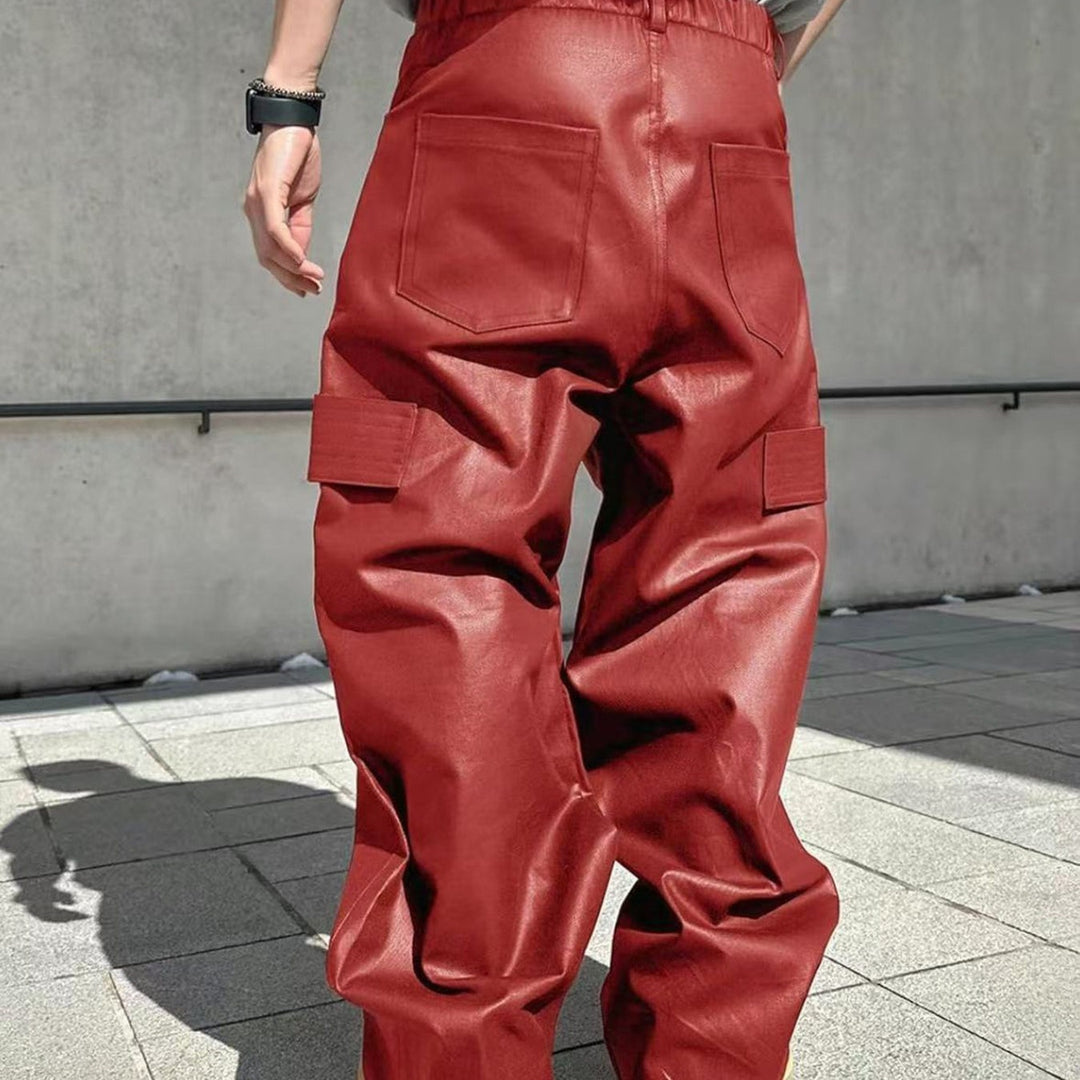 Men's Wide Cut Cargo Pants in Leather Look with Flap Pockets Mune Fashion