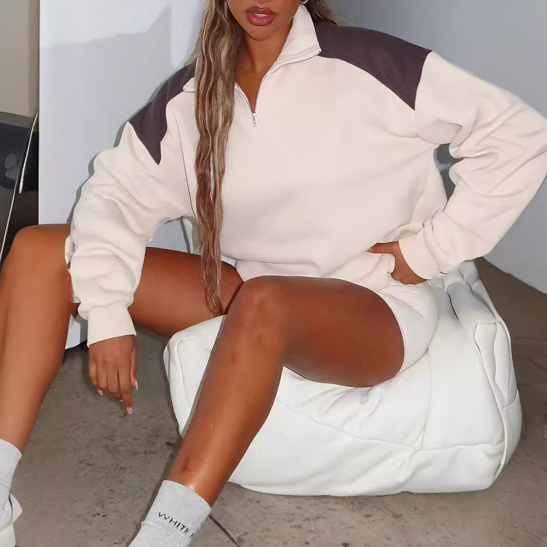 Women Oversize Sweatshirt with Half-Zip and Contrast Shoulder Mune Fashion