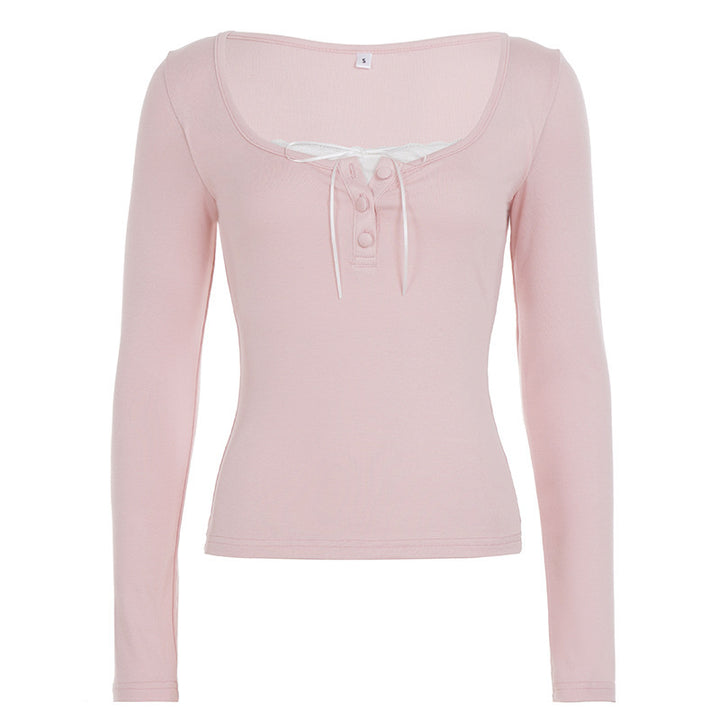 Women Fitted Long Sleeve Cami with Round Neckline, Button Placket and Decorative Tie Mune Fashion and Mune Fashion