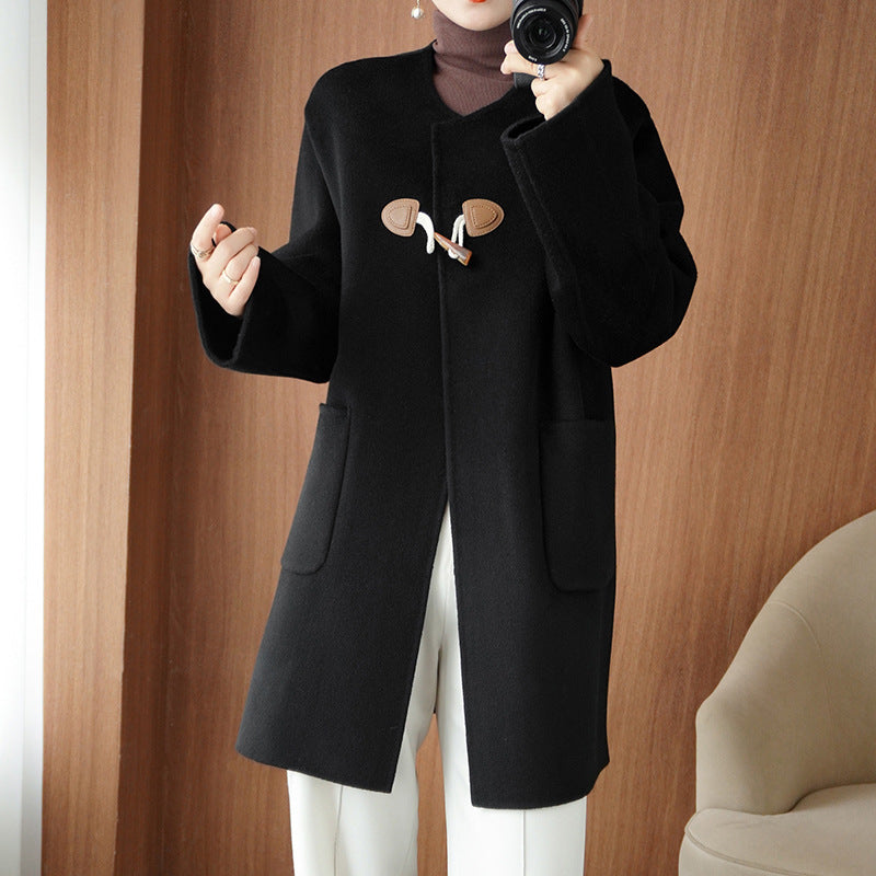 Women's Mid-length Wool Blend Coat with KnMune Fashion Fastenings, Boxy Silhouette and Patch Pockets Mune Fashion