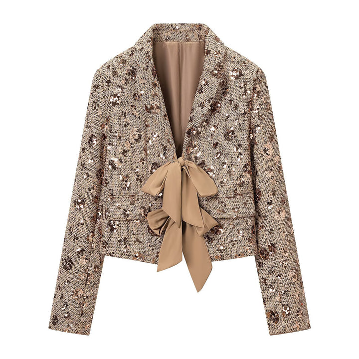 Women's short blazer made of tweed with sequin trim and bow closure Mune Fashion
