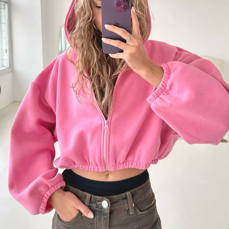 Women's oversized hooded jacket short cut with elastic hem and balloon sleeves Mune Fashion