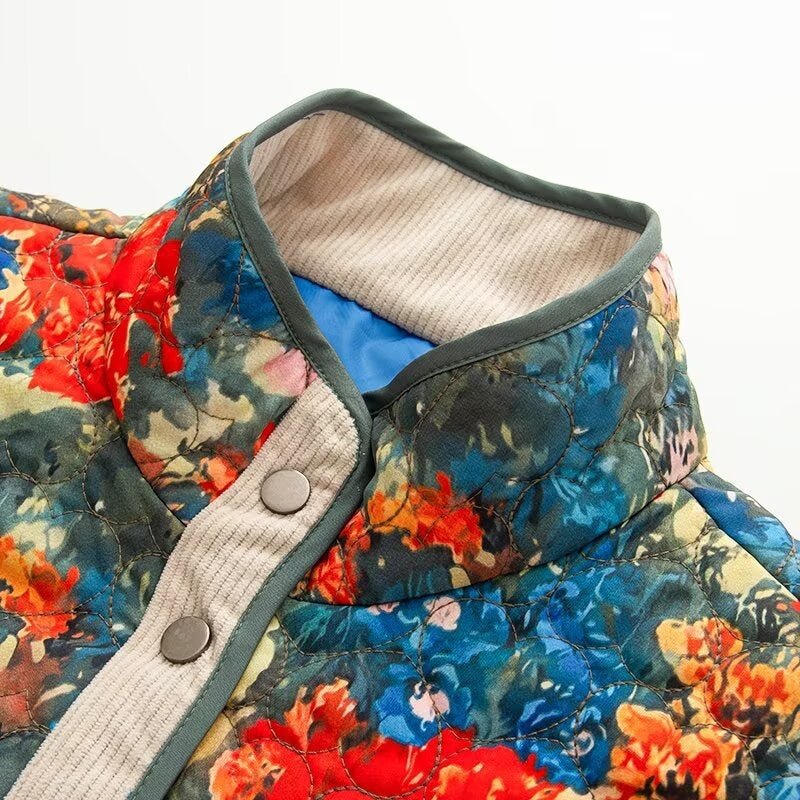 Women Quilted Transitional Jacket with Floral Allover Pattern and Stand Collar Mune Fashion