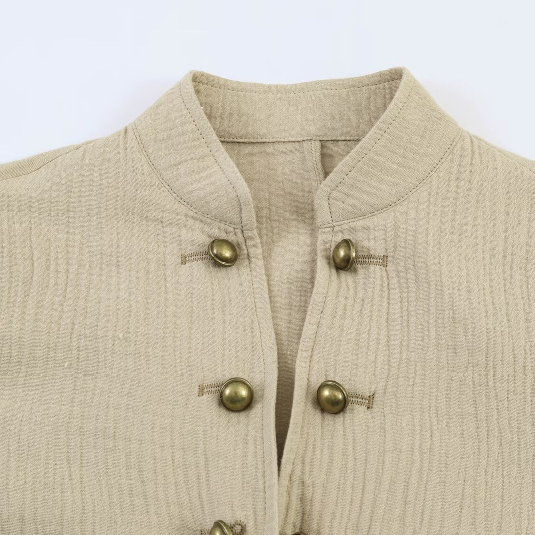 Women lightweight tailored cotton blazer jacket with stand-up collar and decorative button placket Mune Fashion