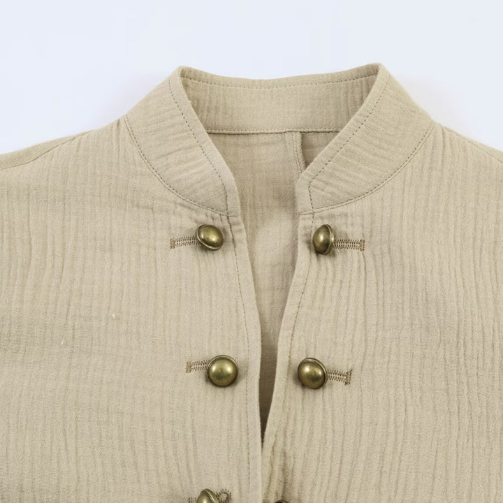 Women lightweight tailored cotton blazer jacket with stand-up collar and decorative button placket Mune Fashion