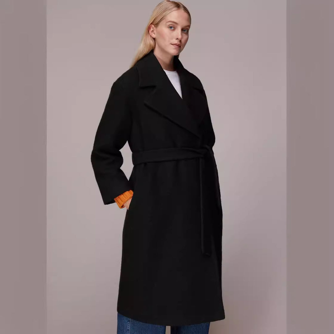 Women's Midi-Length Wool Blend Long Coat with Minimal Shawl Collar and Relaxed Silhouette Mune Fashion