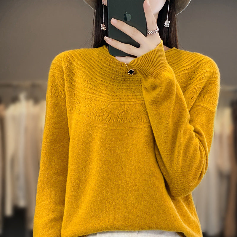 Women's Round Neck Fine Knit Sweater with Structured Yoke and Cashmere Look Mune Fashion