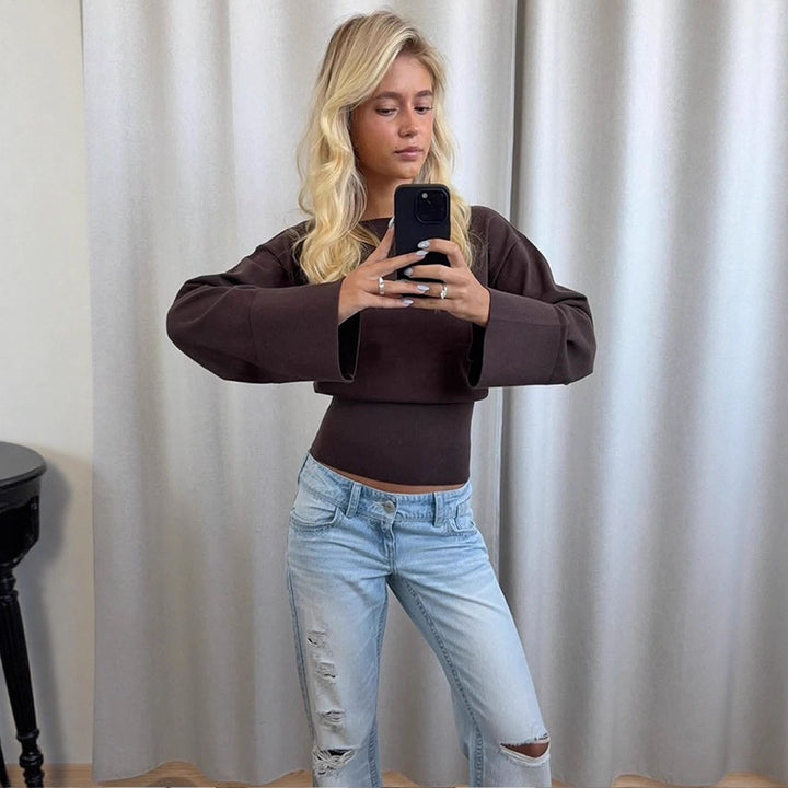 Women's Cropped Fine Knit Sweater with Wide Cuff Sleeves and Fitted Ribbed Waistband Mune Fashion