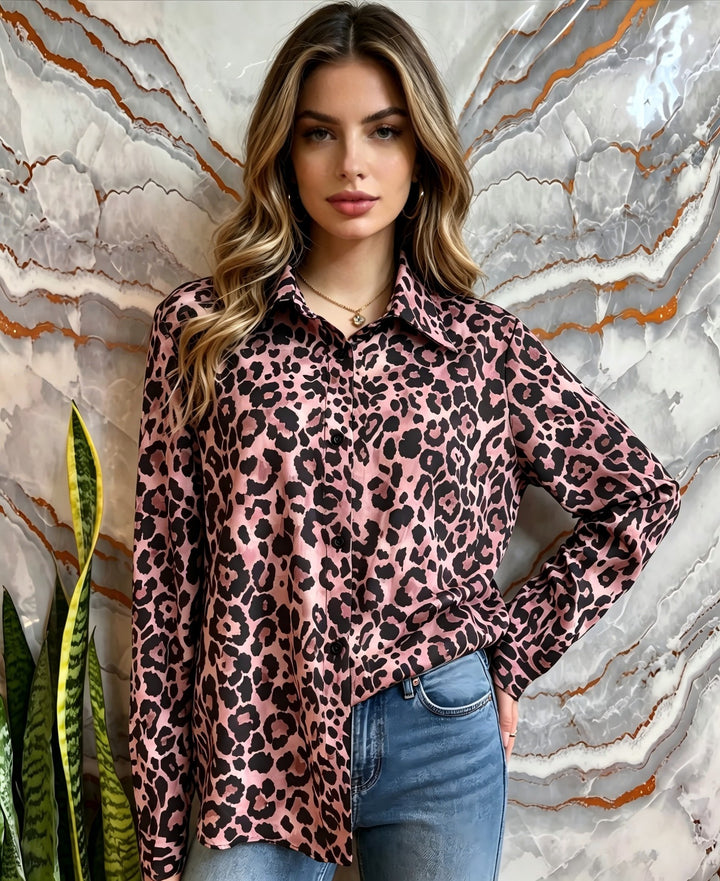 Women's Satin Leopard-Print Button-Up Blouse Mune Fashion