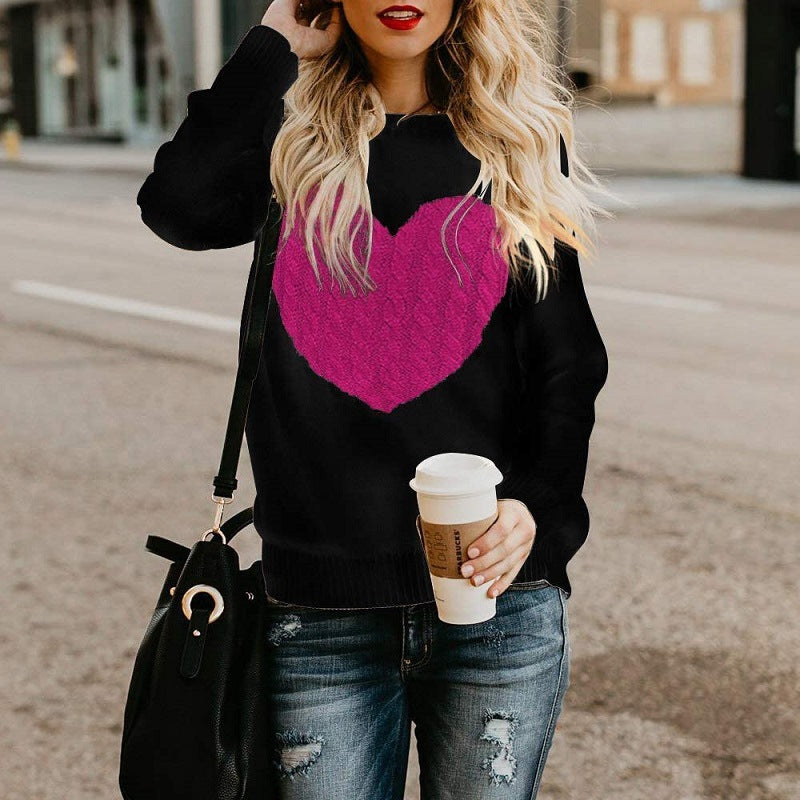 Ladies' knitted sweater with heart application, ribbed cuffs, and casual fit Mune Fashion