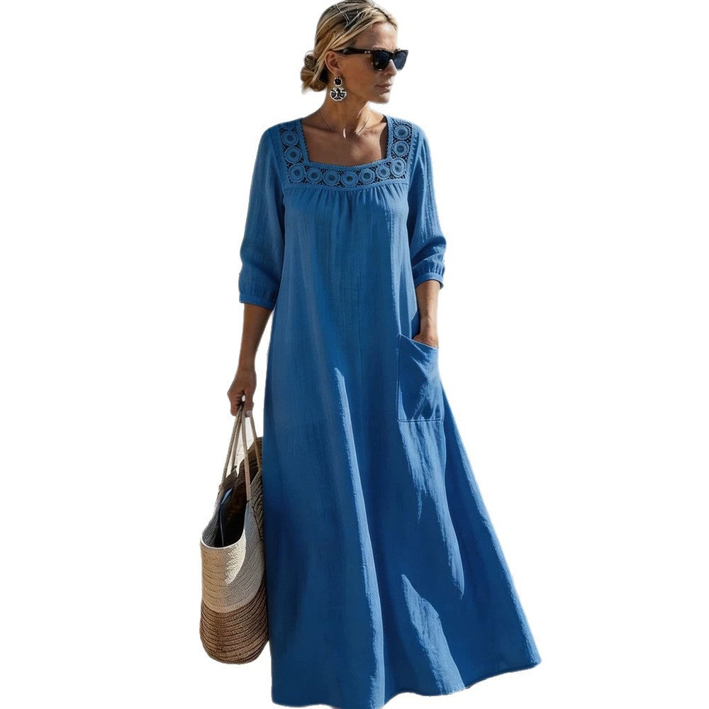 Ladies max dress with elegant round neckline and practical pockets Mune Fashion