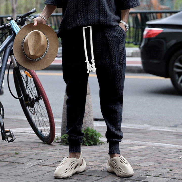 Men's knitted jogging pants with cable pattern, drawstring with cord and ribbed leg cuffs Mune Fashion