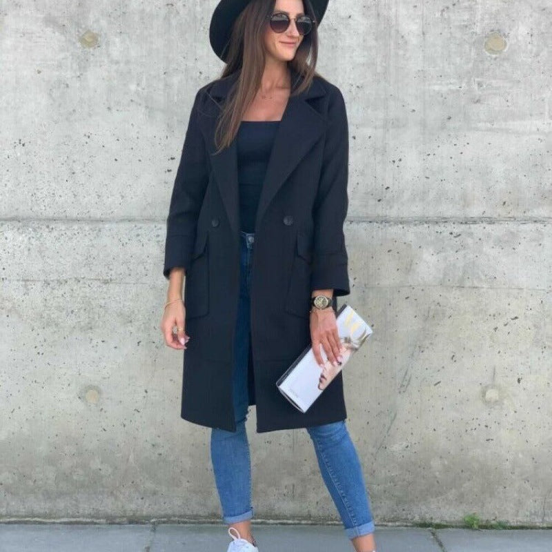 Women's Midi-Length Wool Blend Coat in Clean-Cut with Notched Collar and Patch Pockets Mune Fashion