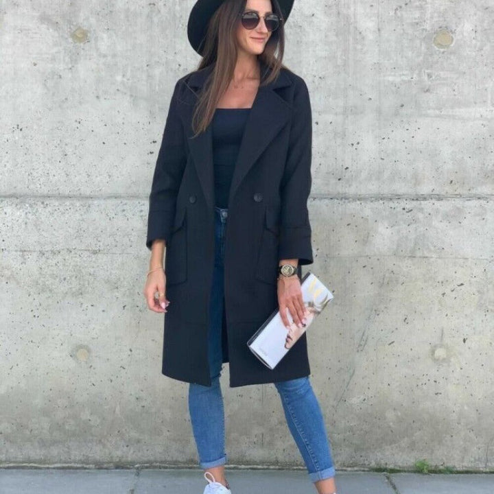 Women's Midi-Length Wool Blend Coat in Clean-Cut with Notched Collar and Patch Pockets Mune Fashion