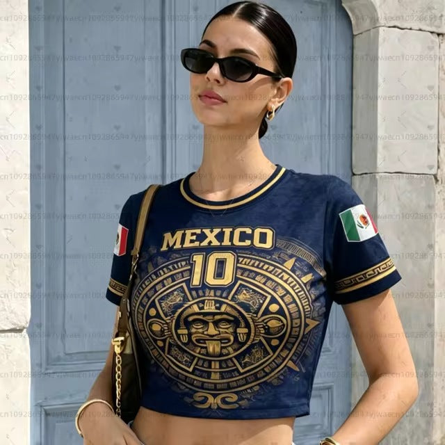 Women nan short Crop-T-Shirt with Aztec pattern and flag patches Mune Fashion