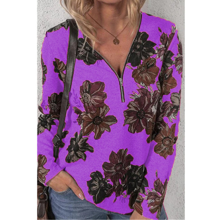 Women's Loose V-Neck Long Sleeve Shirt with Short Zip and Floral Allover Print Mune Fashion