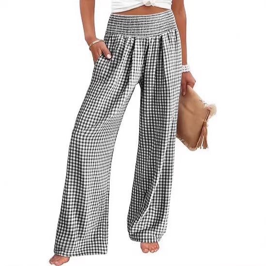 Women Lightweight Palazzo Pants with Smocking Waist, Wide Leg and Check Print Mune Fashion