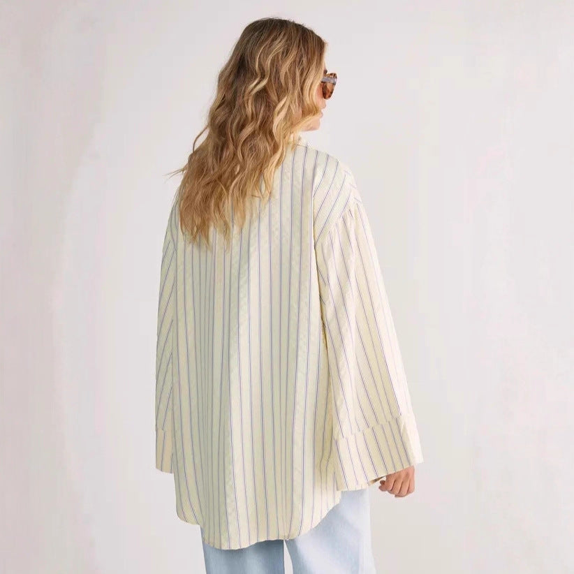 Women oversized shirt blouse with wide bell sleeves and fine striped pattern Drune