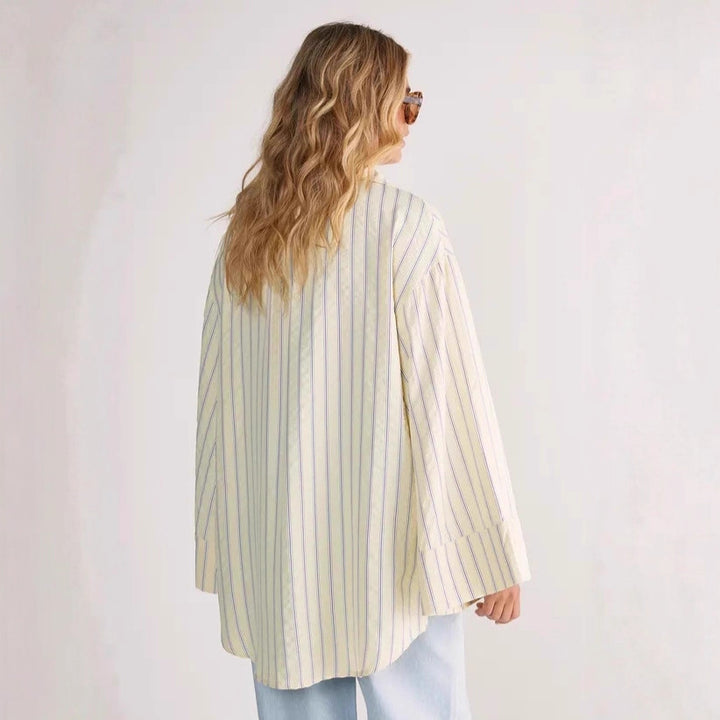 Women oversized shirt blouse with wide bell sleeves and fine striped pattern Drune