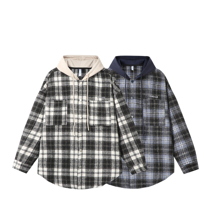 Unisex Oversized Check Shirt Jacket with Hood, Snap Buttons and Chest Pocket Mune Fashion