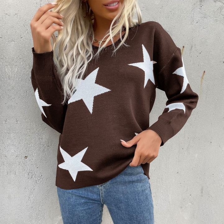 Ladies star fine knit pullover with V-neck and casual oversized fit Mune Fashion