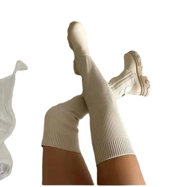 Ladies over-the-knee boots with elastic knit shaft, side zipper, and robust profile sole Mune Fashion