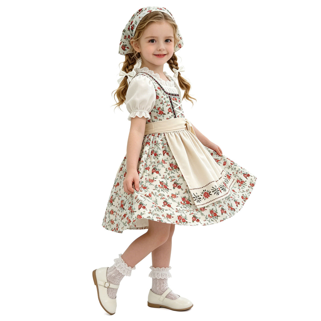 Ladies' and Children's dirndl traditional dress with lace blouse, apron, and headscarf Mune Fashion
