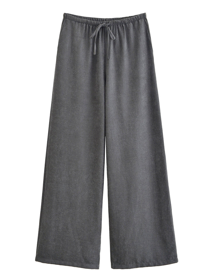Women's Comfortable Palazzo Pants in Velvet Look with Elastic Tunnel Drawstring Waist and Wide Leg Mune Fashion