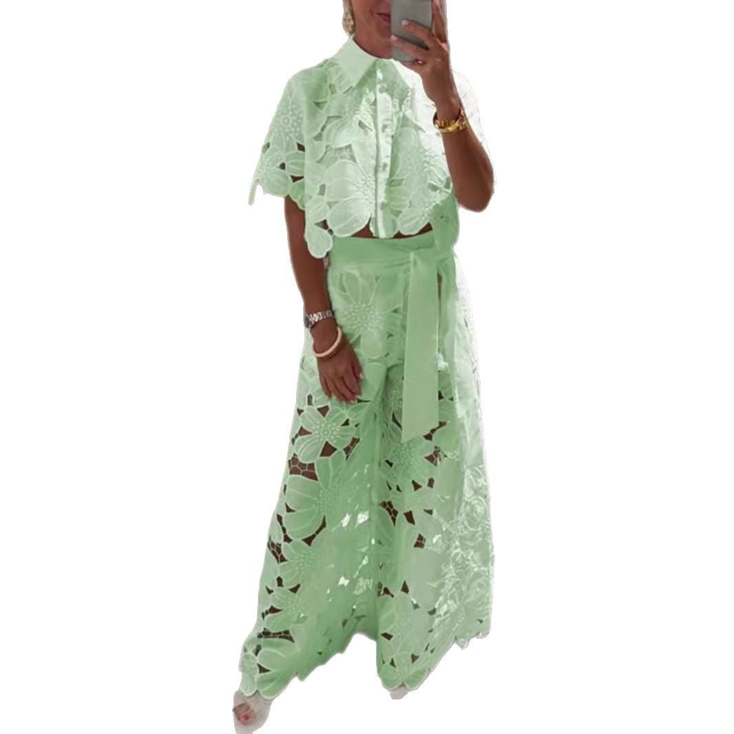 Ladies two-piece lace ensemble with crop top and wide palazzo pants Mune Fashion