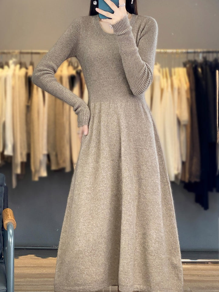 Women's Long Sleeve Midi Dress Made of Fine Knit with Tailored A-Line Silhouette Mune Fashion