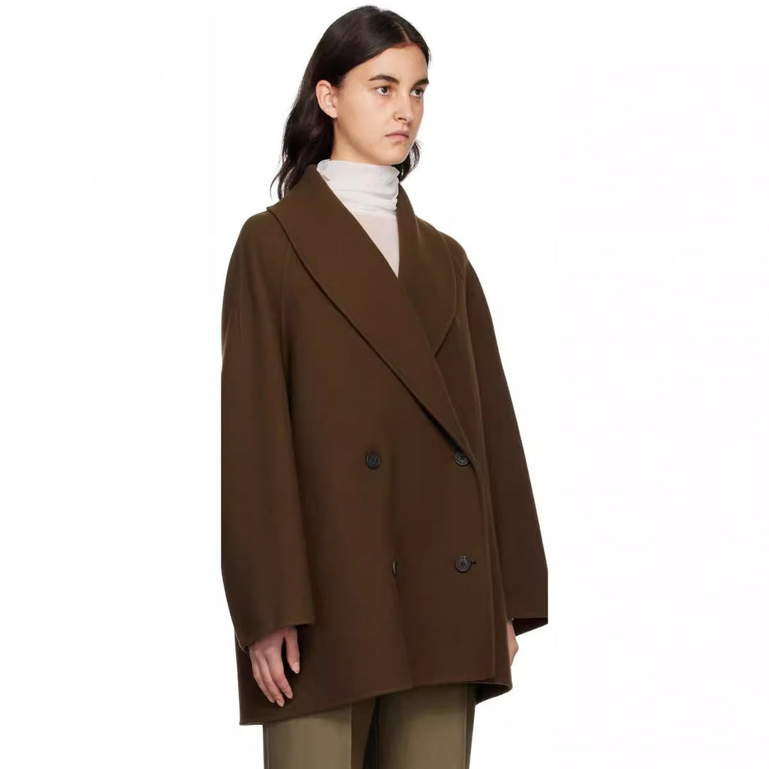 Women Short Cut Oversized Double Breasted Wool Blend Coat with Round Shawl Collar Mune Fashion