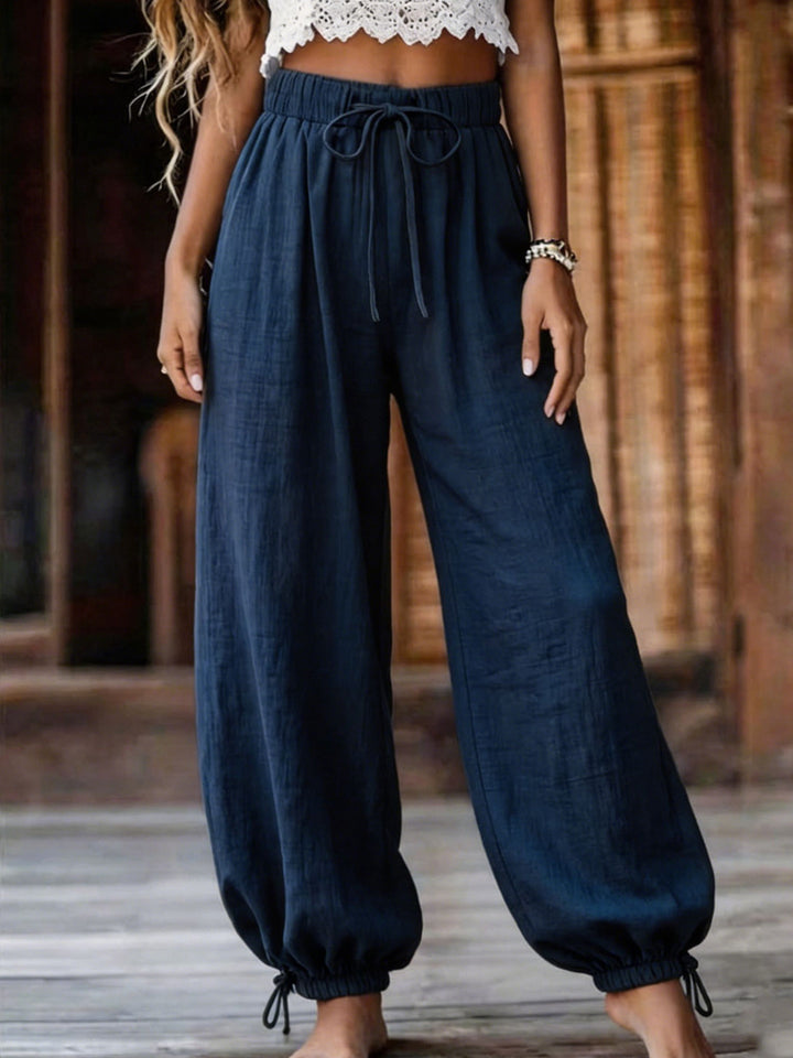 Ladies Lightweight Linen Pants with Wide Leg and Elastic Waistband Mune Fashion
