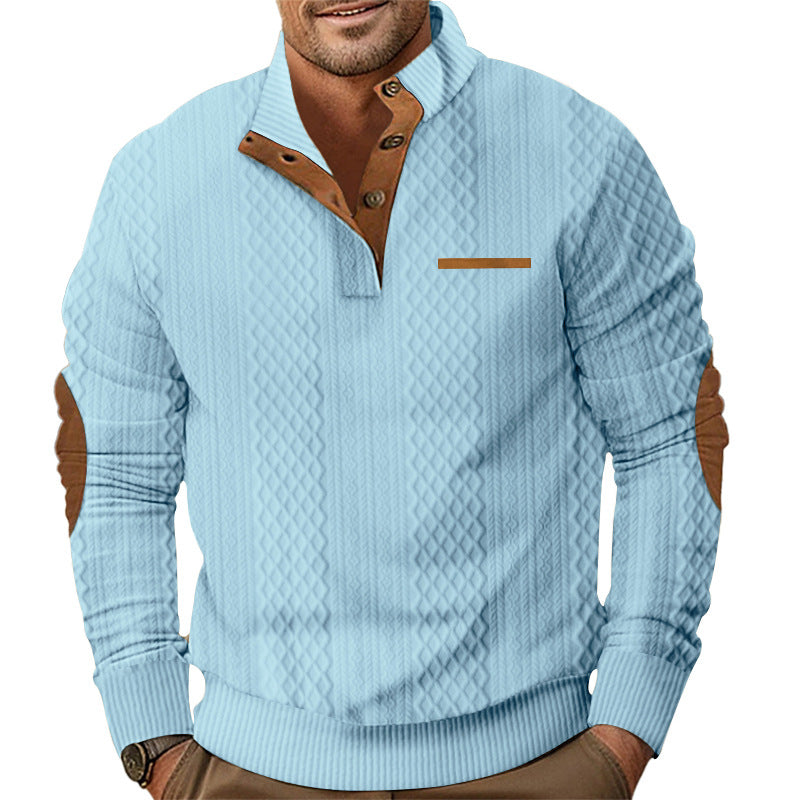 Men's knitted pullover with stand-up collar, button placket and elbow patches Mune Fashion