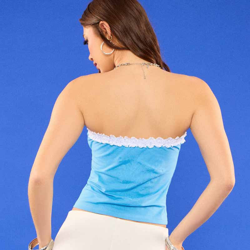 Women's figure-hugging bandeau crop top with ruffle trim and country print Mune Fashion