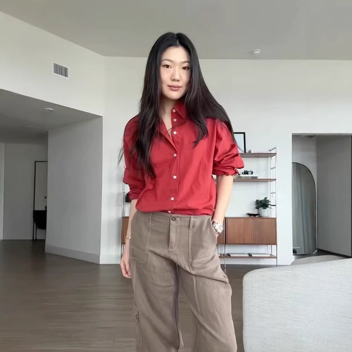 Women's loose-fitting cotton blouse with full button placket, shirt collar & roll-up sleeves Mune Fashion