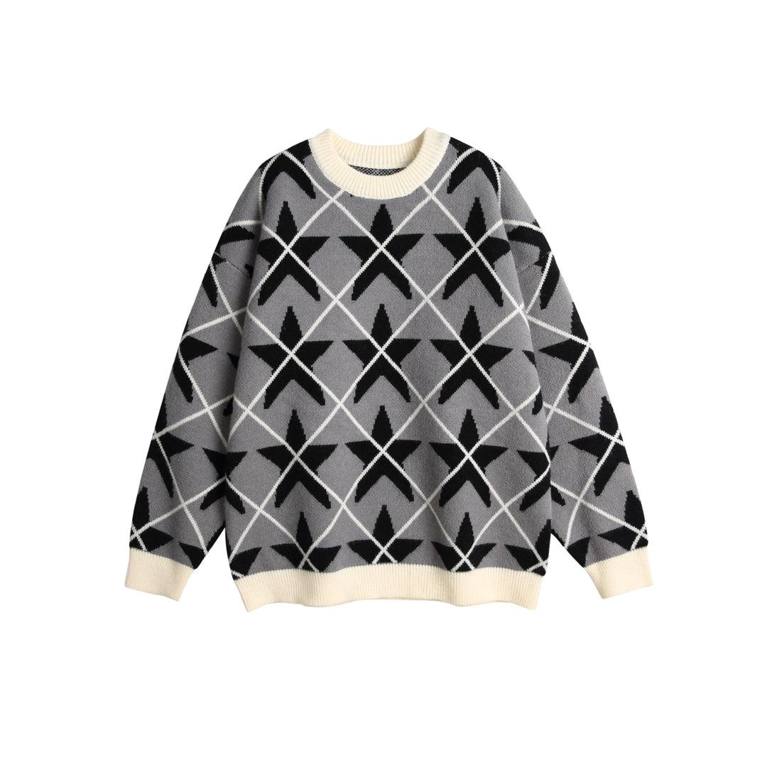 Unisex Chunky Knit Crew Neck Sweater with Star Jacquard Mune Fashion